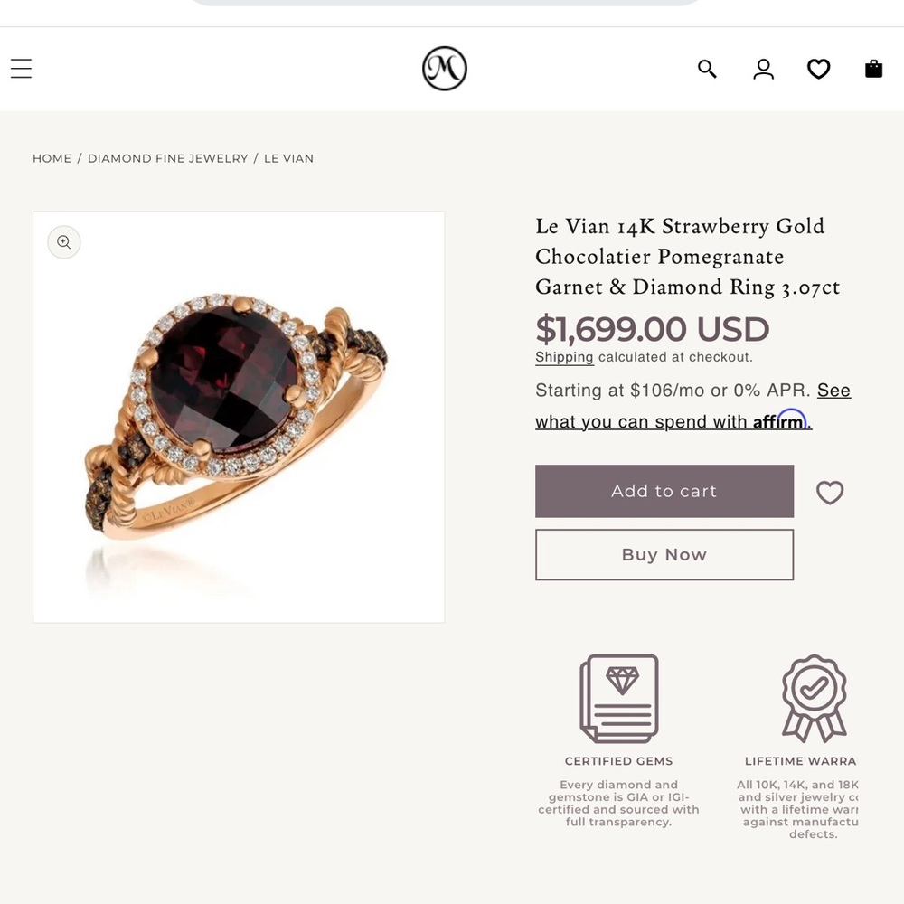 14K rose gold Le Vian Chocolatier Pomegranate Garnet & Diamonds Twist Rope Ring - Picture 2 of 11